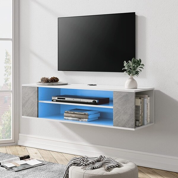 White Floating TV Stand with Colorful LED Lights， Floating Entertainment Center Wall Mounted， Floating TV Media Console