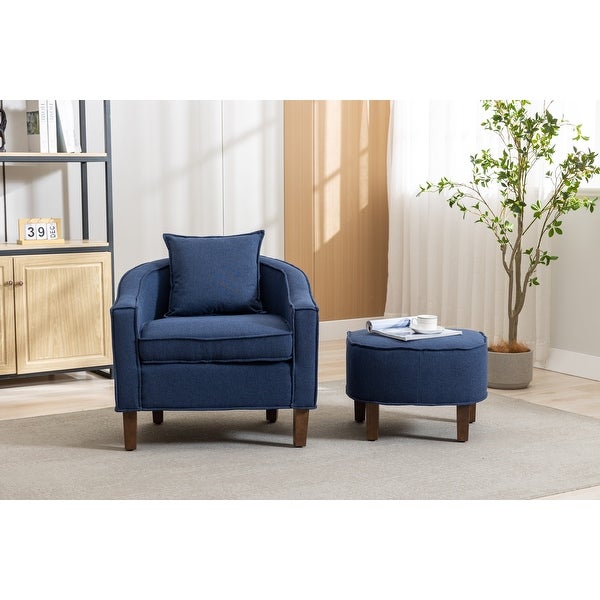 Modern Accent Chair with Ottoman， Mid Century Barrel Chair Lounge Chairs Upholstered Round Armchairs for Living Room， Navy