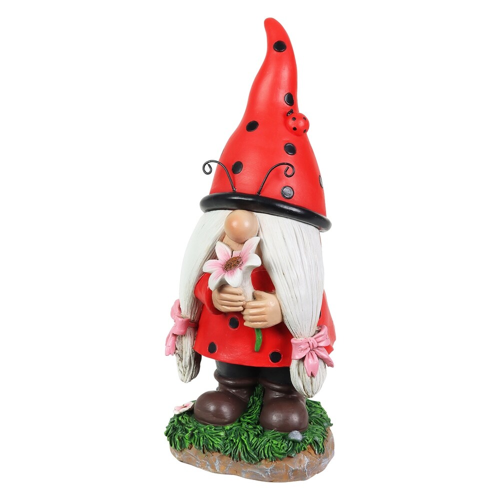 Exhart Solar Ladybug Hat Lady Gnome Statue with Pink Flower  5 by 12.5 Inches