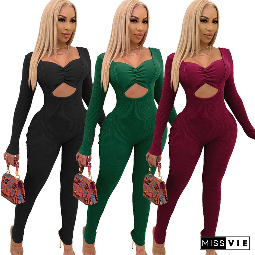 Knitted Velvet Stitched Hollowed-out Long Sleeve Jumpsuit