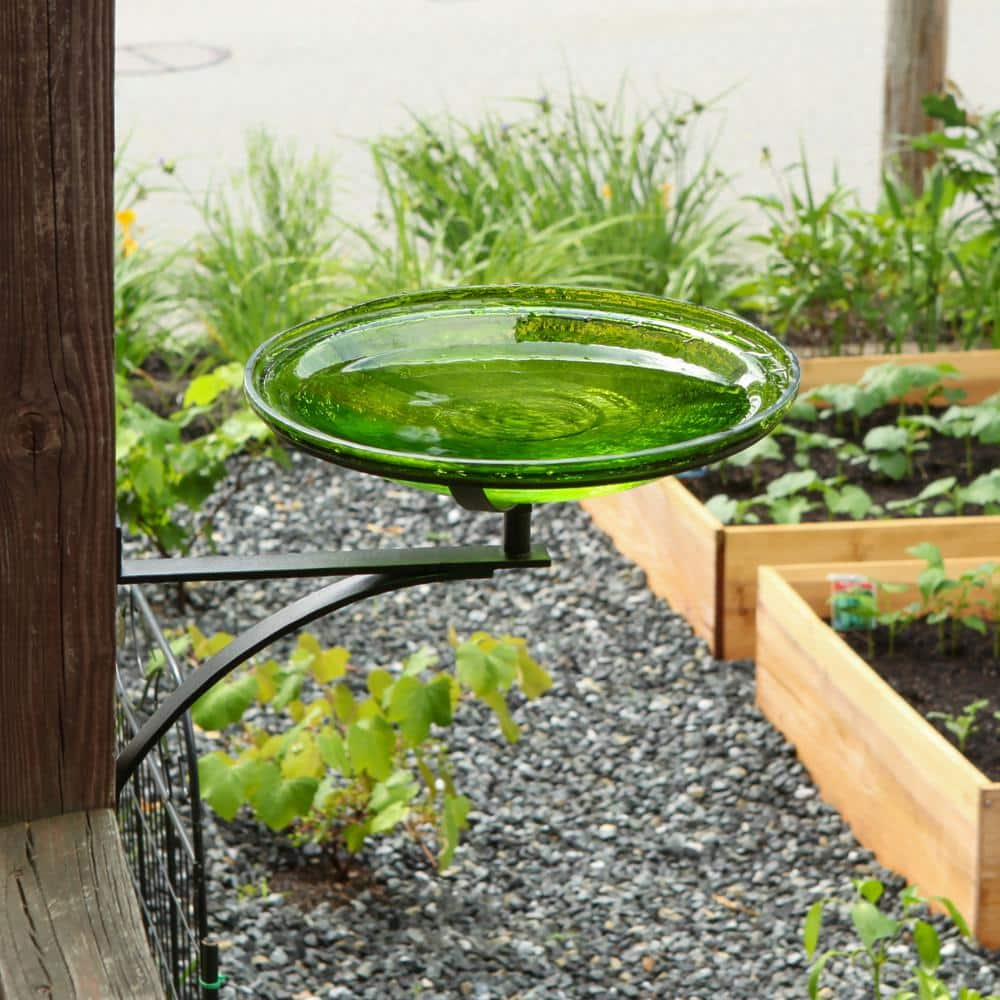 ACHLA DESIGNS 14 in. Dia Round Fern Green Crackle Glass Birdbath with Black Wrought Iron Wall Mount Bracket CGB-14FG-WM2