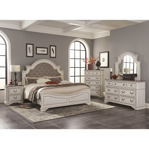 Roundhill Furniture Laval Antique 5-Piece White and Oak Wood Bedroom Set - - 27279739