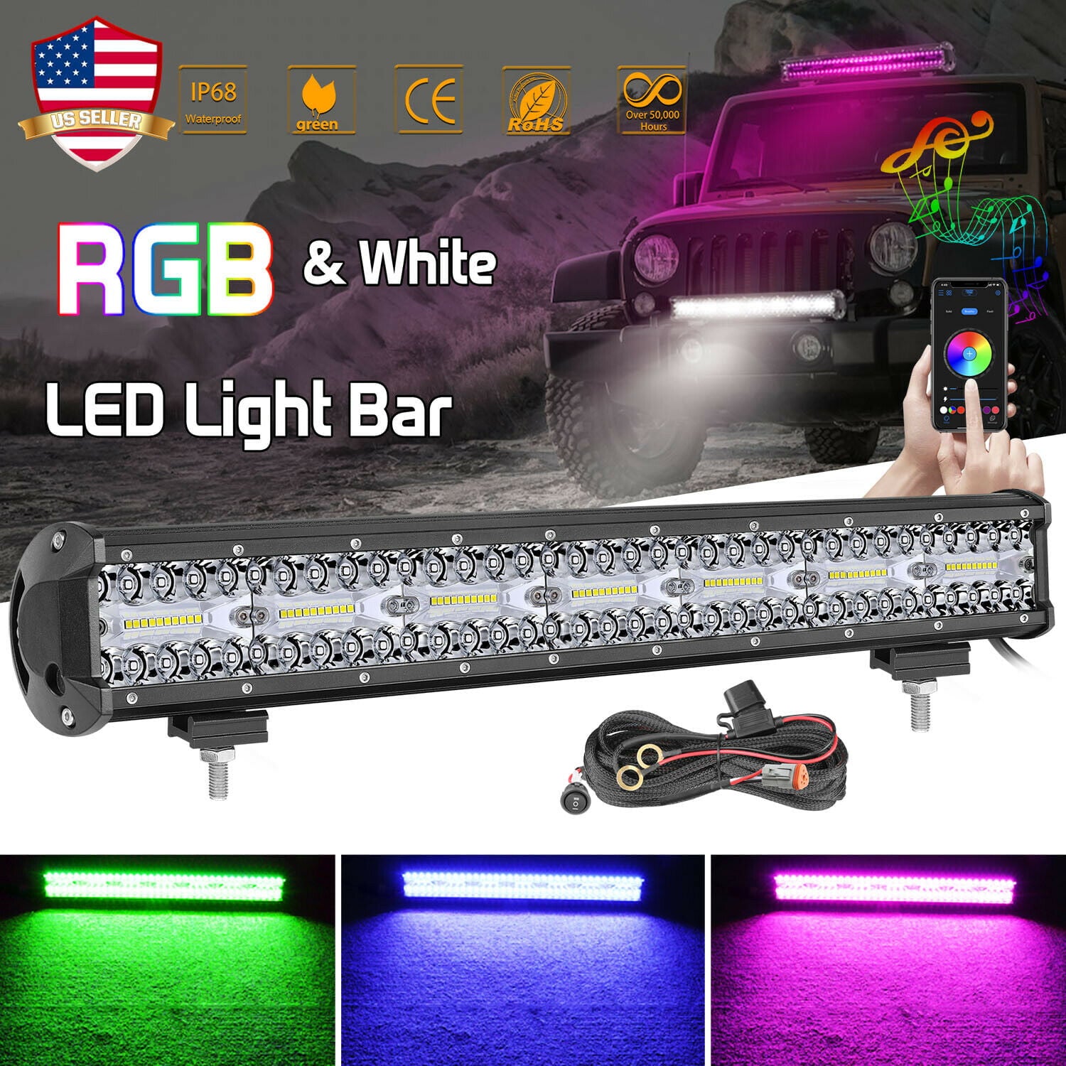 RGB LED LIGHT BAR OFFROADTOWN APP Wireless Bluetooth Spot RGB Multi-Color Music Strobe Halo W/ Flood 3000k Off-Road Driving Reverse Pods Tractor 4WD 12V， W/ PLUG PLAY WIIRNG HARNESS KIT