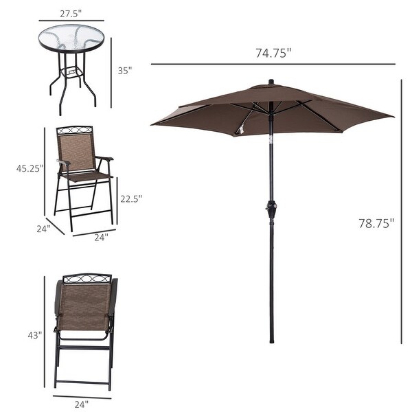 4 Piece Outdoor Patio Dining Furniture Set，2 Folding Chairs，Adjustable Angle Umbrella，Wave Textured Tempered Glass Dinner Table