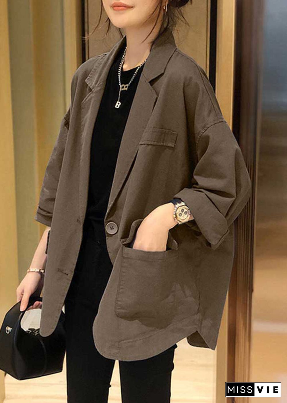 Plus Size Khaki Notched Pockets Patchwork Cotton Coats Fall