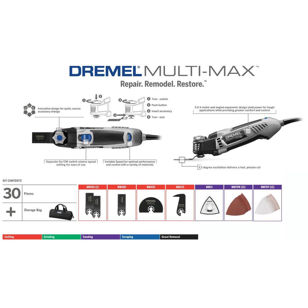 Dremel Multi-Max 5 Amp Variable Speed Corded Oscillating Multi-Tool Kit with 3Pk Universal 1-18 in. Carbide Flush Blade MM50-01+MM485BU