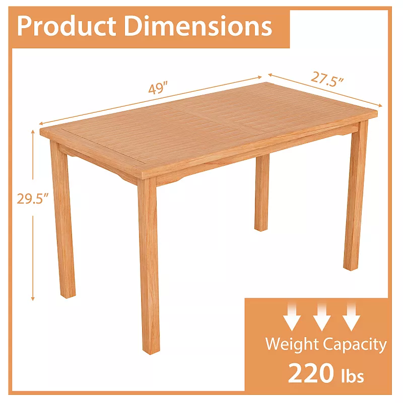 49 Inch Rectangle Patio Teak Wood Dining Table With Slatted Tabletop Up To 6