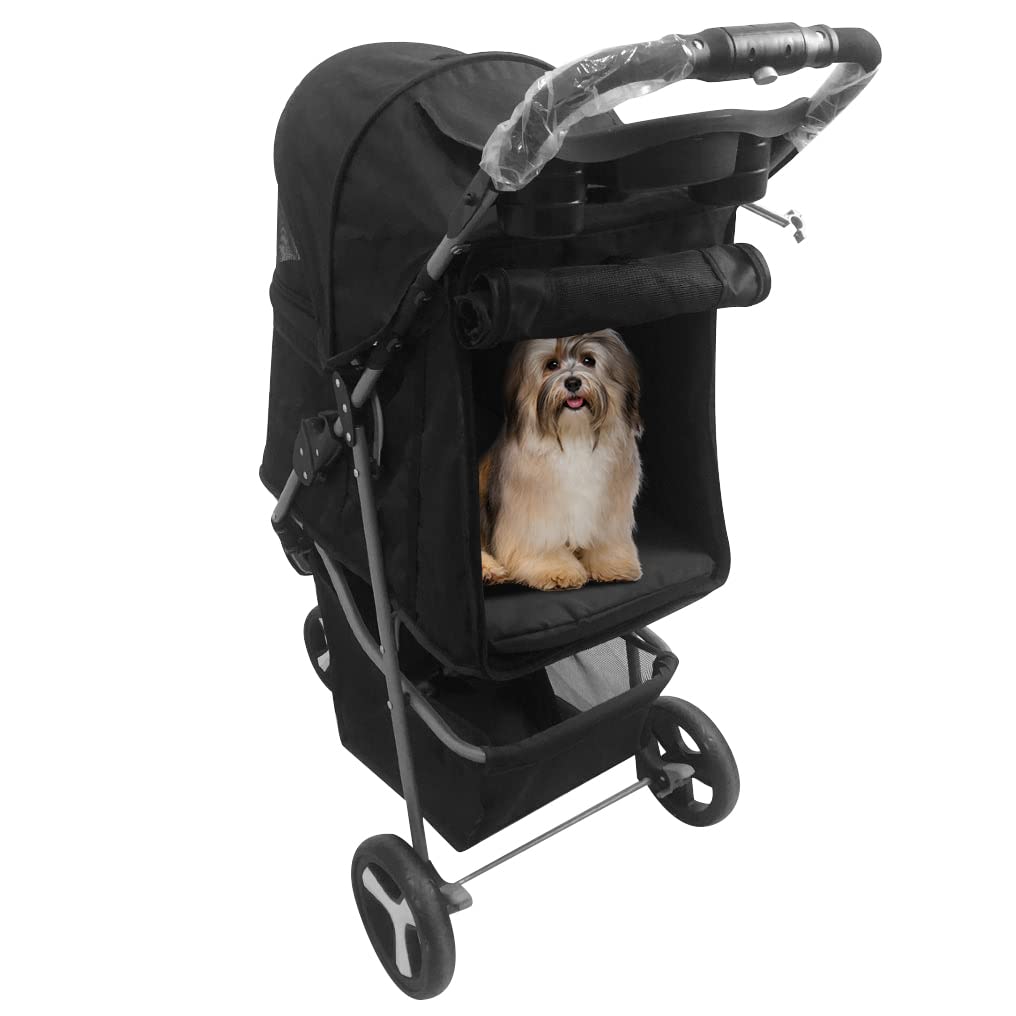 Foldable Pet Stroller for Cats and Dogs 3 Wheels Carrier Strolling Cart with Weather Cover， Storage Basket + Cup Holder