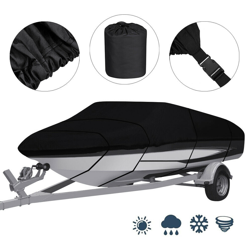 17-19ft Waterproof Heavy Duty Fabric Boat Cover， Oxford Trailerable Fits Fish Ski V-Hull Boats， Black