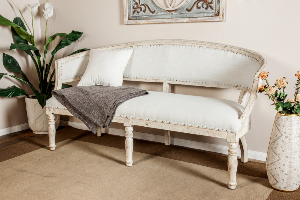 Antique Sheraton Style Upholstered White Wood Sofa   French Country   Sofas   by Brimfield  ampMay  Houzz