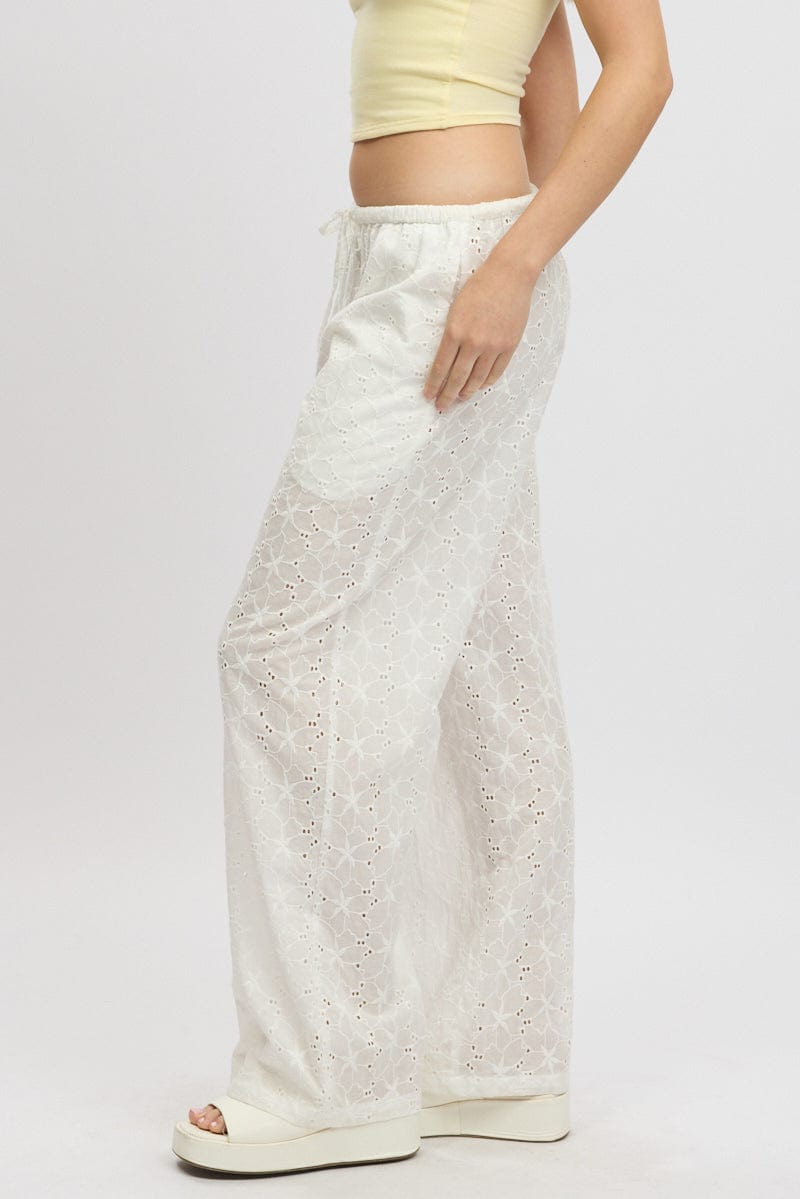 White Wide Leg Pants High Rise Eyelet Fabric