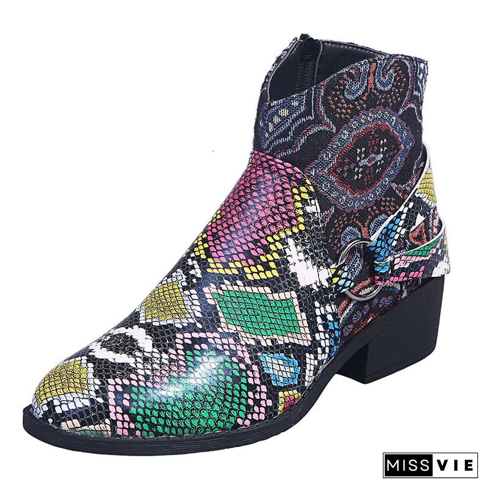 Women's Graphic Round Toe Mid Heel Casual Low Boots