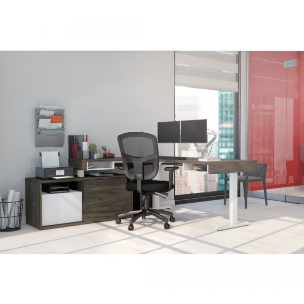 Bestar Pro-Vega Height Adjustable L-Desk with Dual Monitor Arm in Walnut Grey and White