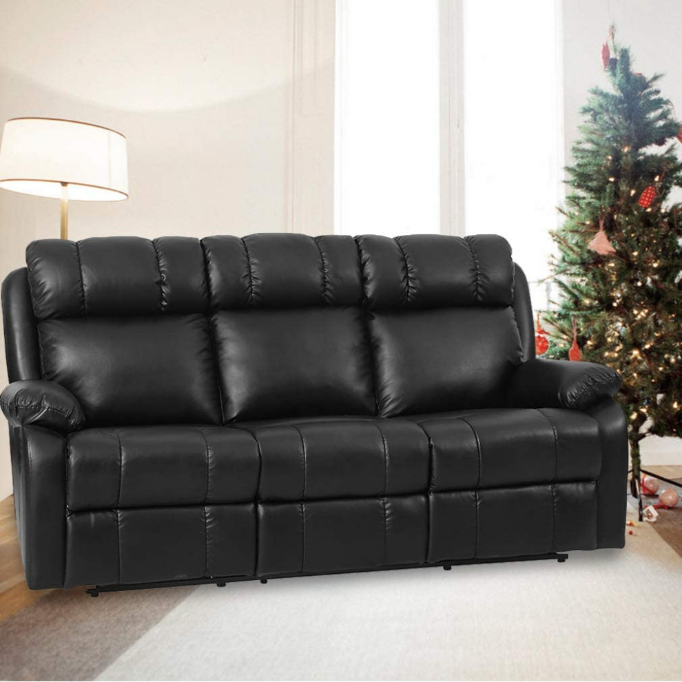 Modern Reclining Sofa  Manual Design With Extra Padded PU Leather Seat  Black   Contemporary   Sofas   by Decorn  Houzz