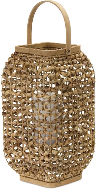 16 Inch Wicker and Glass Lantern - Reed