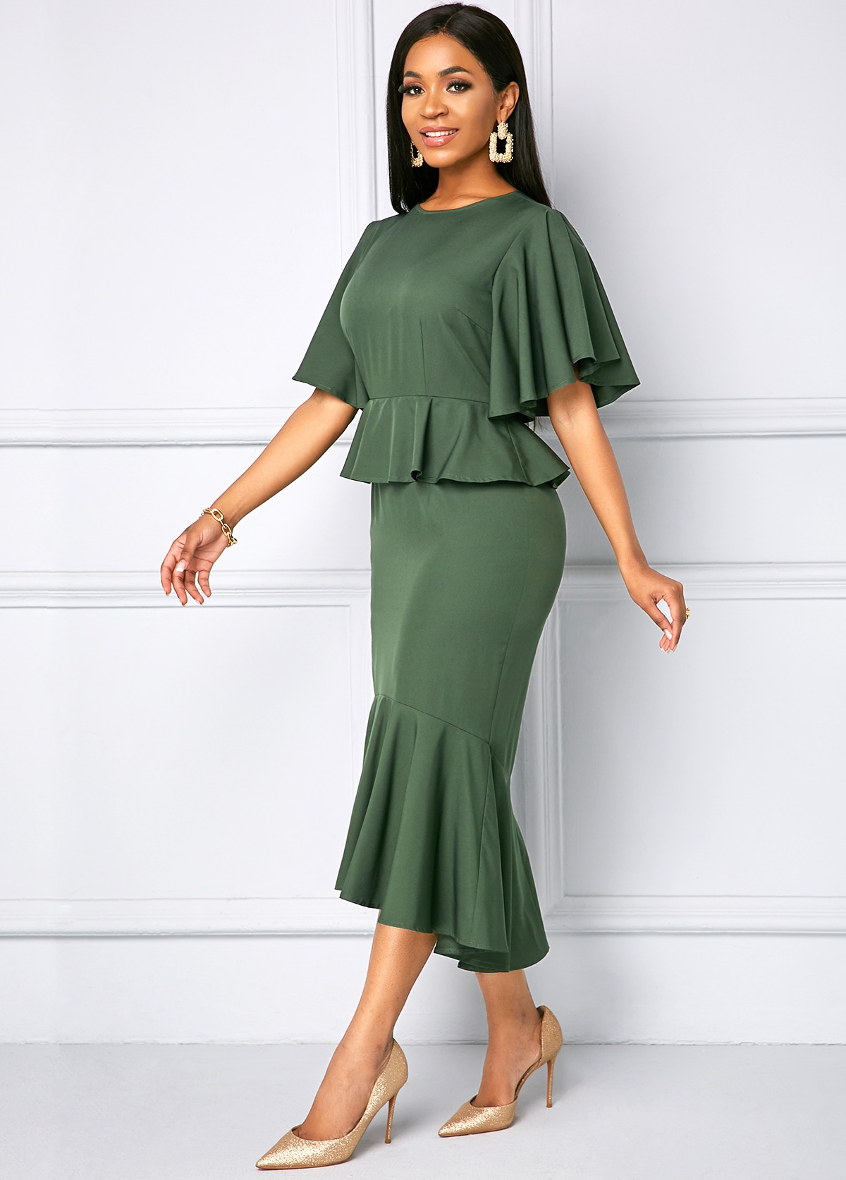 Solid Half Sleeve Round Neck Dress