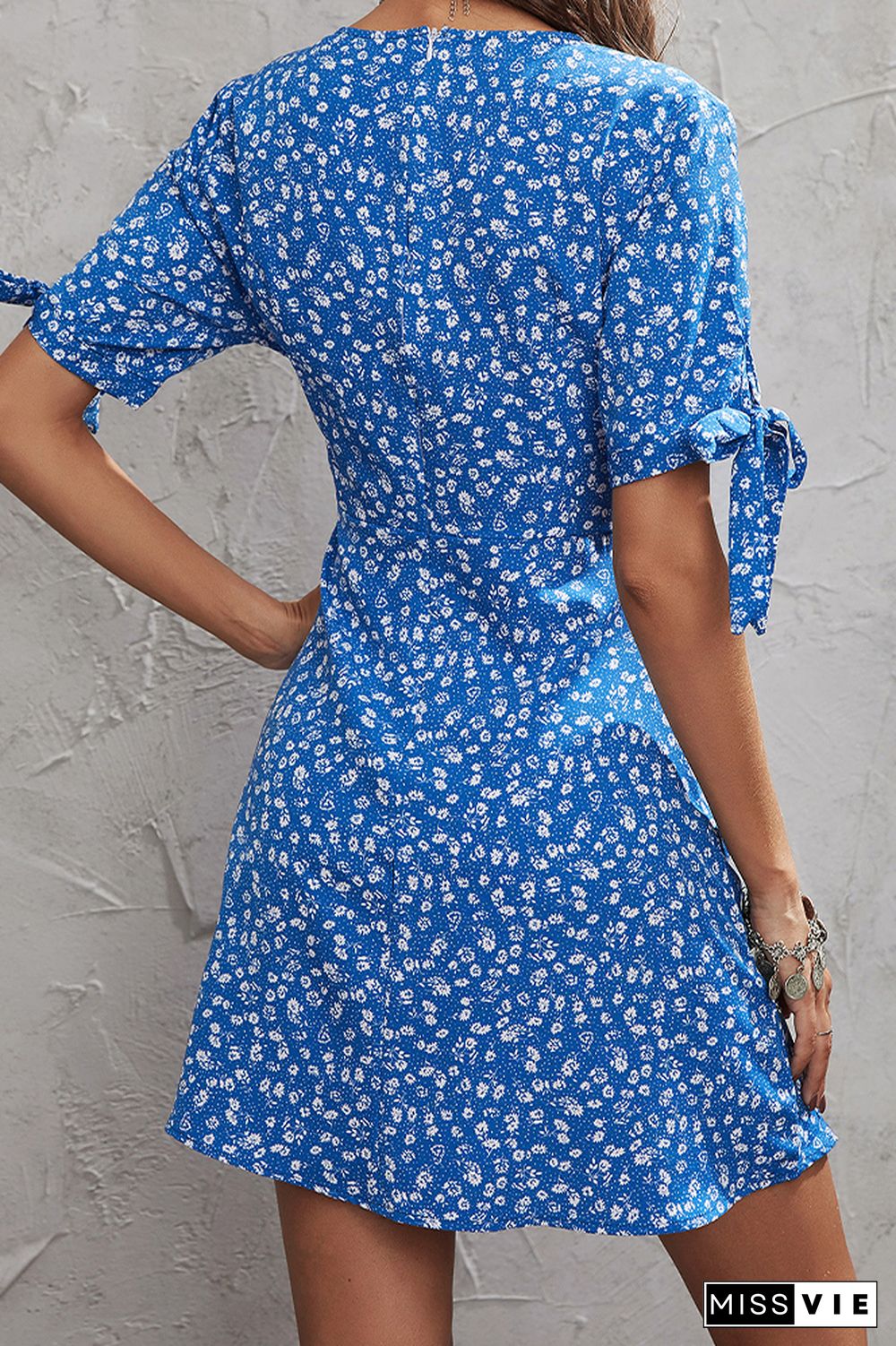 Floral Print Short Sleeve V Neck Short Dress Wholesale