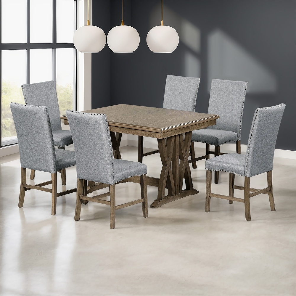 Mid Century Solid Wood 7 Piece Dining Table Set Extendable Kitchen Table Set with Upholstered Chairs and 12\