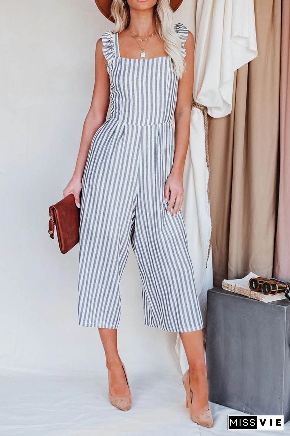 Flip Side Pocketed Striped Ruffle Jumpsuit