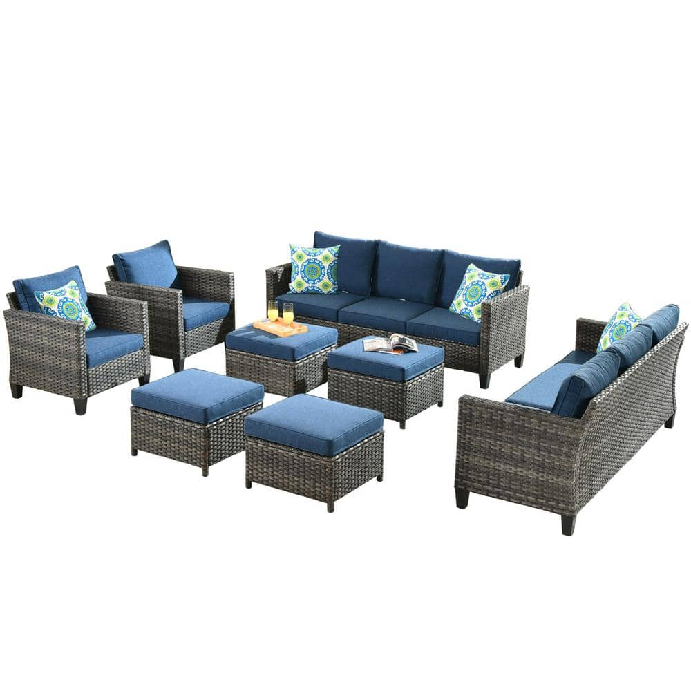 OVIOS New Vultros Gray 8-Piece Wicker Outdoor Patio Conversation Seating Set with Blue Cushions GRS3024