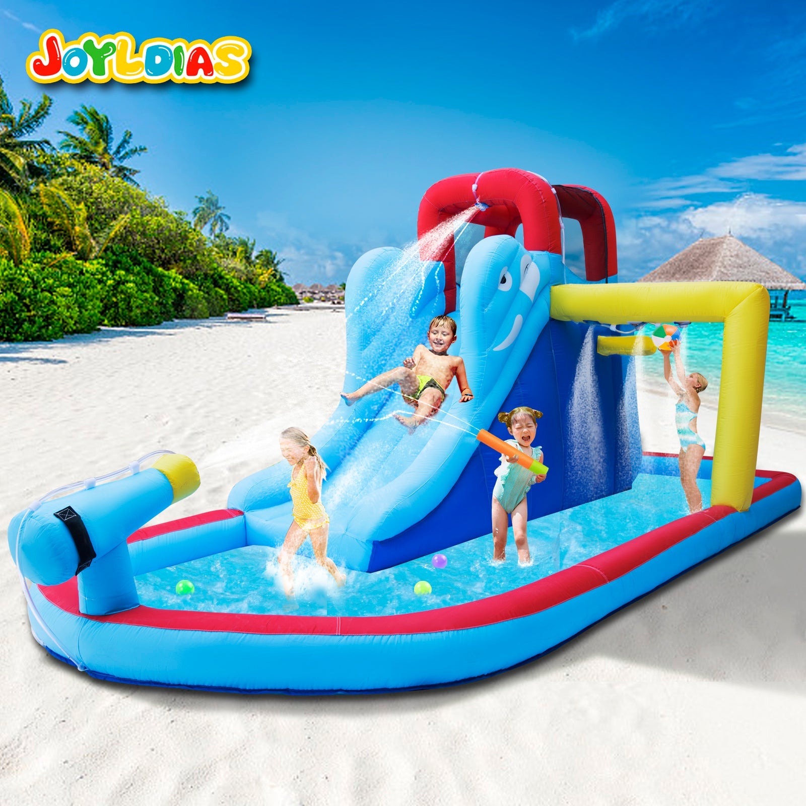 JOYLDIAS Kids Inflatable Bounce House Water Slide Bouncer Playhouse Castle with 3 Water Guns, Splash Pool, Climbing Wall, Basketball Hoop, Bag, Air Blower