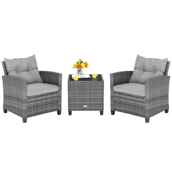 3Piece Outdoor Wicker Patio Furniture Set with Tempered Glass Coffee Table