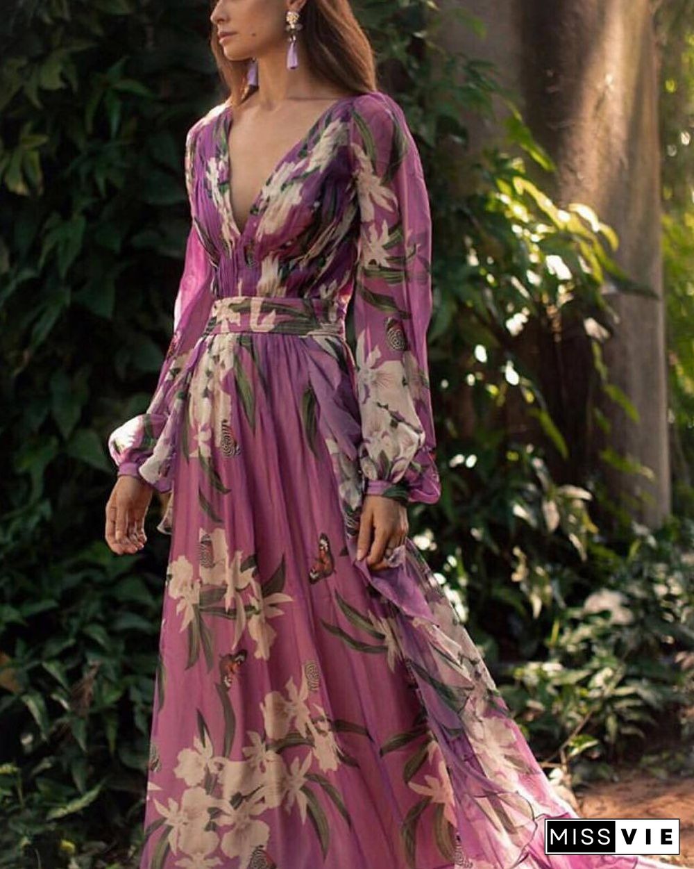 Women Sexy Floral Printed V-Neck Evening Party Dress