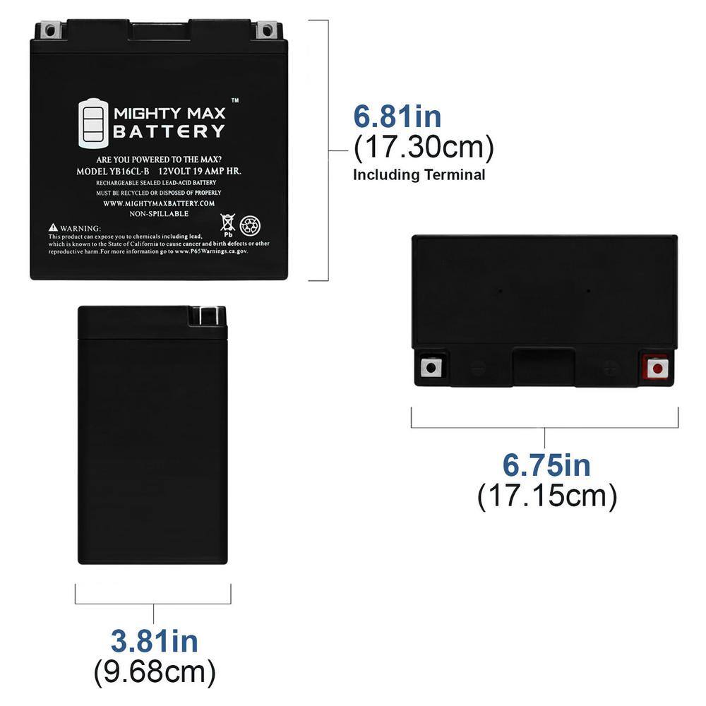 MIGHTY MAX BATTERY 12-Volt 19 Ah 250 CCA High Performance Rechargeable Sealed Lead Acid (SLA) Powersport Battery YB16CL-B