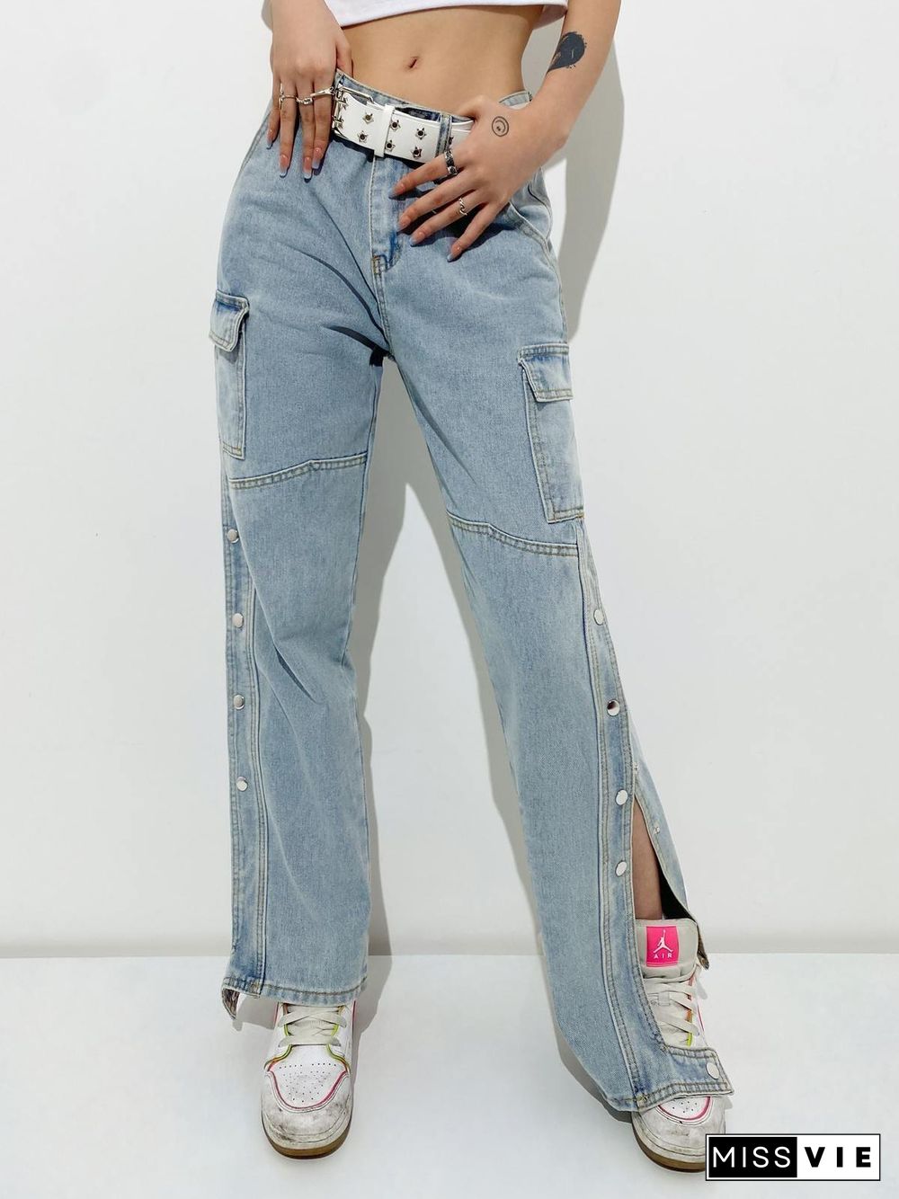 Washed Buttoned Slim Straight Jeans