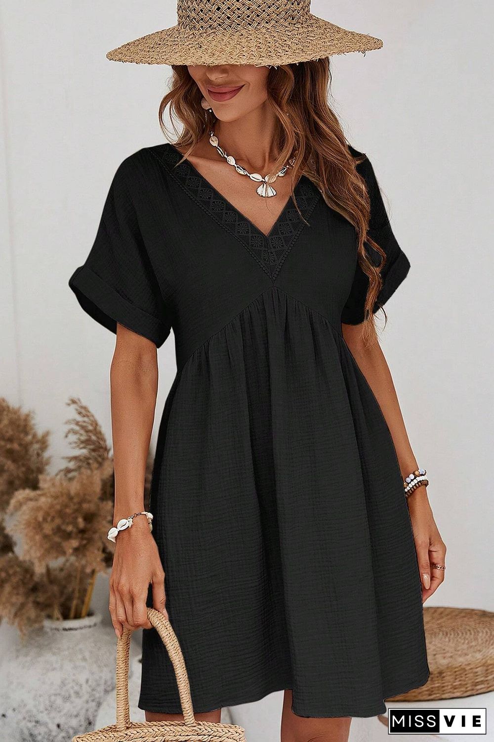 Folded Short Sleeve Lace V Neck Mini Dress