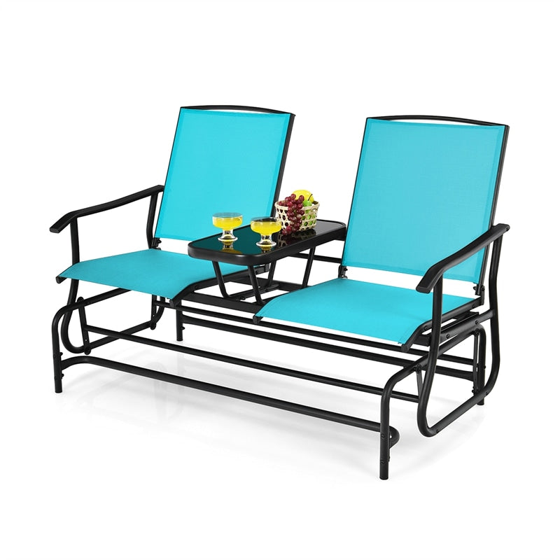 Outdoor 2-Person Rocking Loveseat Patio Bench Glider Chair with Center Tempered Glass Table