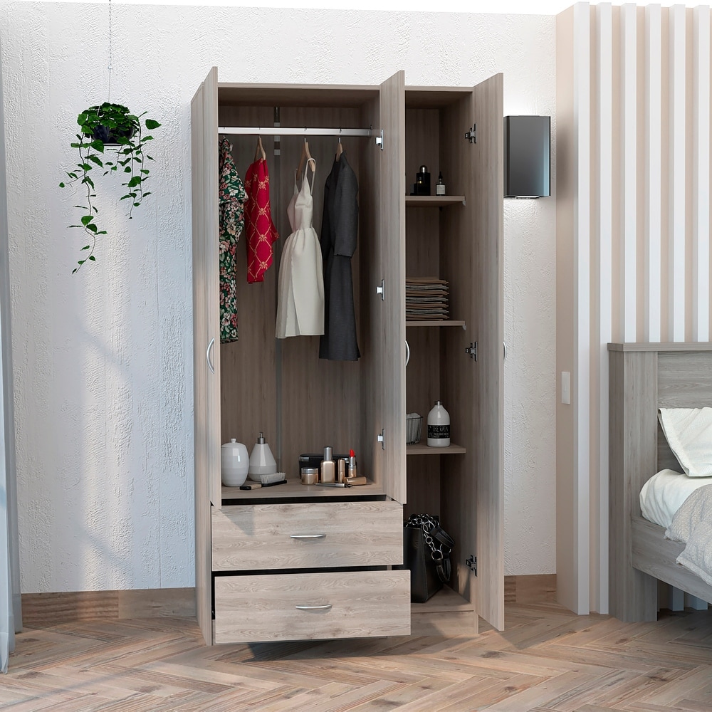 Bedroom 3 Door Armoire with Drawers   Shelves and Hanging Rod  Gray