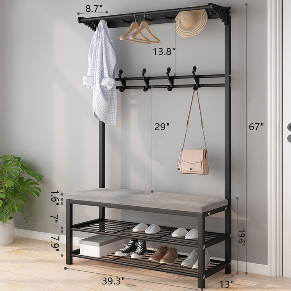 3-in-1 Entryway Bench with Coat Rack with Shoe Rack， Shoe Cubbies Wide Hall Tree with Coat Hooks， Black