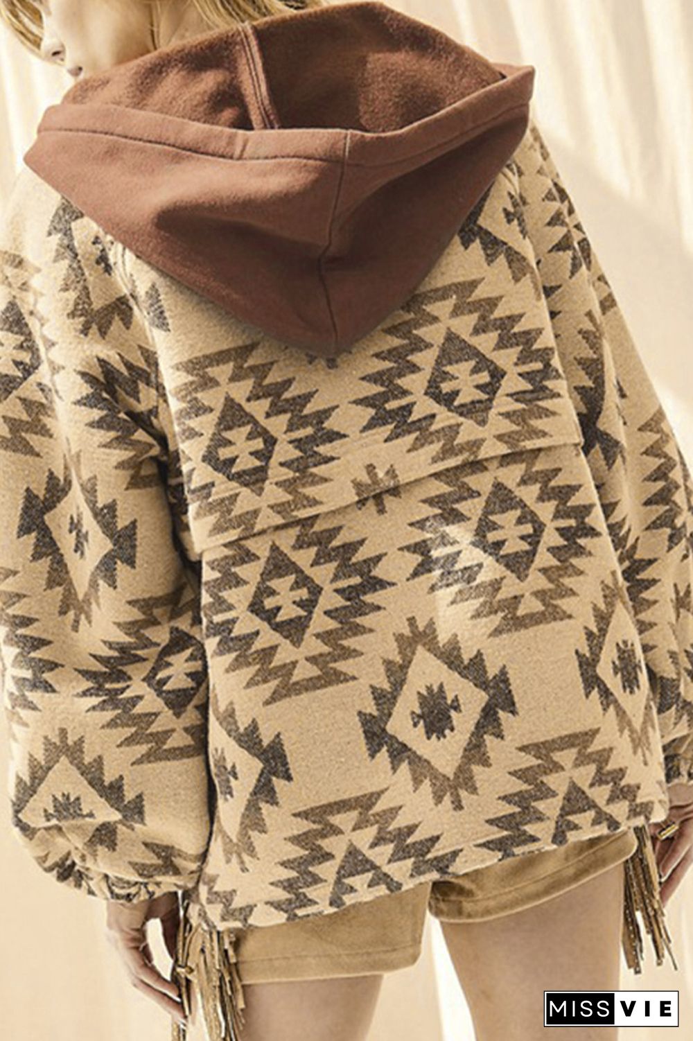 Aztec Print Zipper Drawstring Hoodie Sweatshirt