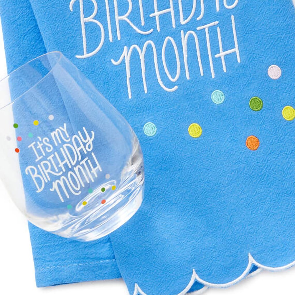 Hallmark  Birthday Month Tea Towel and Wine Glass Bundle