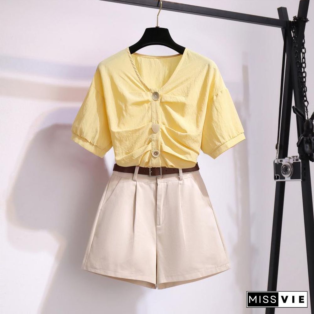 V-Collar Tee+High Waist Shorts P16166