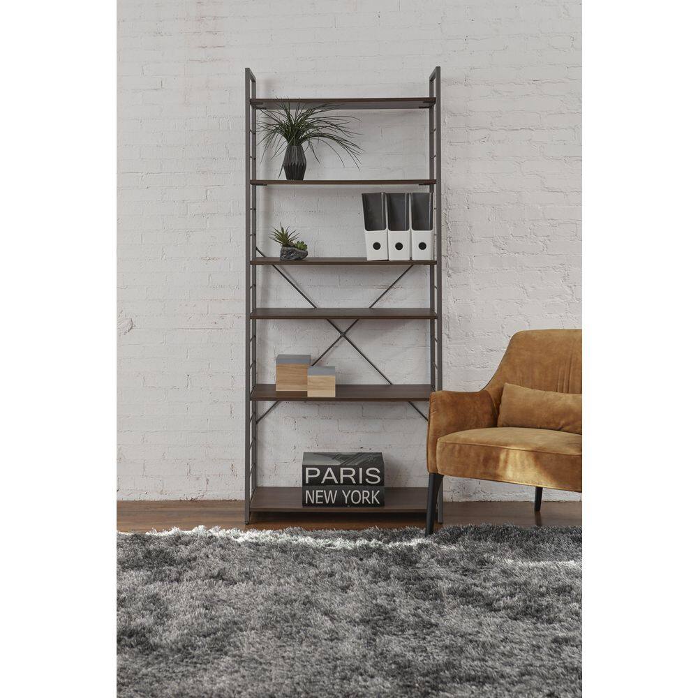 Nyhus 84 in. x 33 in. Brown MDF Wood Steel Frame 6-Shelves Adjustable Bookcase HD-56330008433