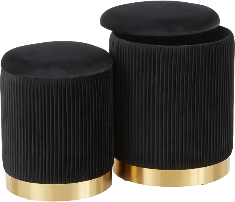 Contemporary Black Velvet and Gold Metal Ottomans (Set of 2) - Marla