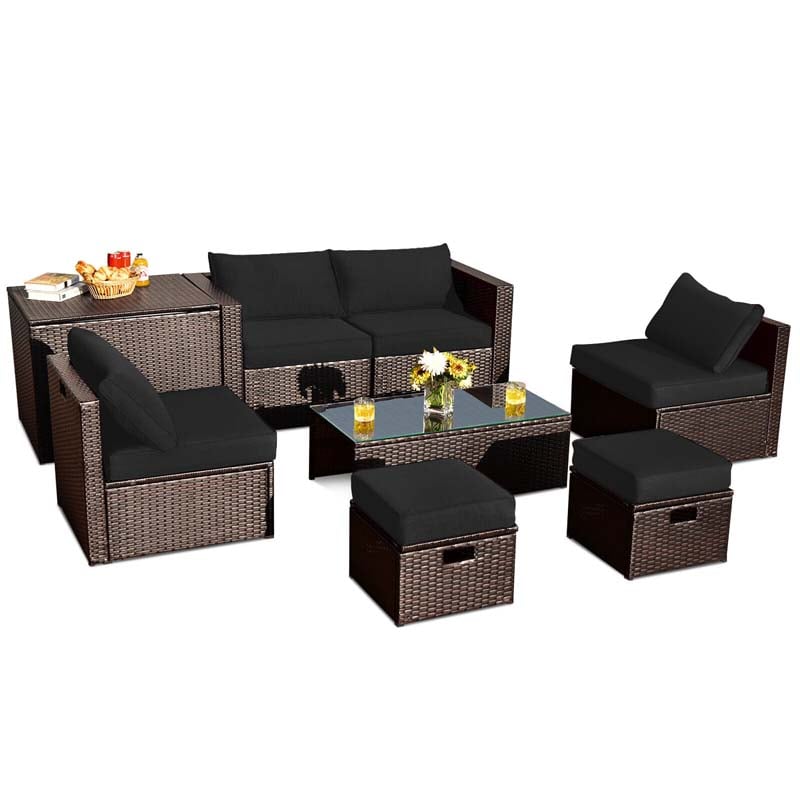 8 Pcs Rattan Patio Sectional Sofa Set with Storage Box & Waterproof Cover