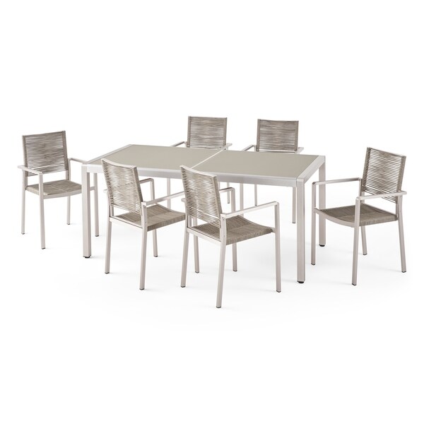 Gaviota Outdoor Modern 6 Seater Aluminum Dining Set with Tempered Glass Table Top by Christopher Knight Home