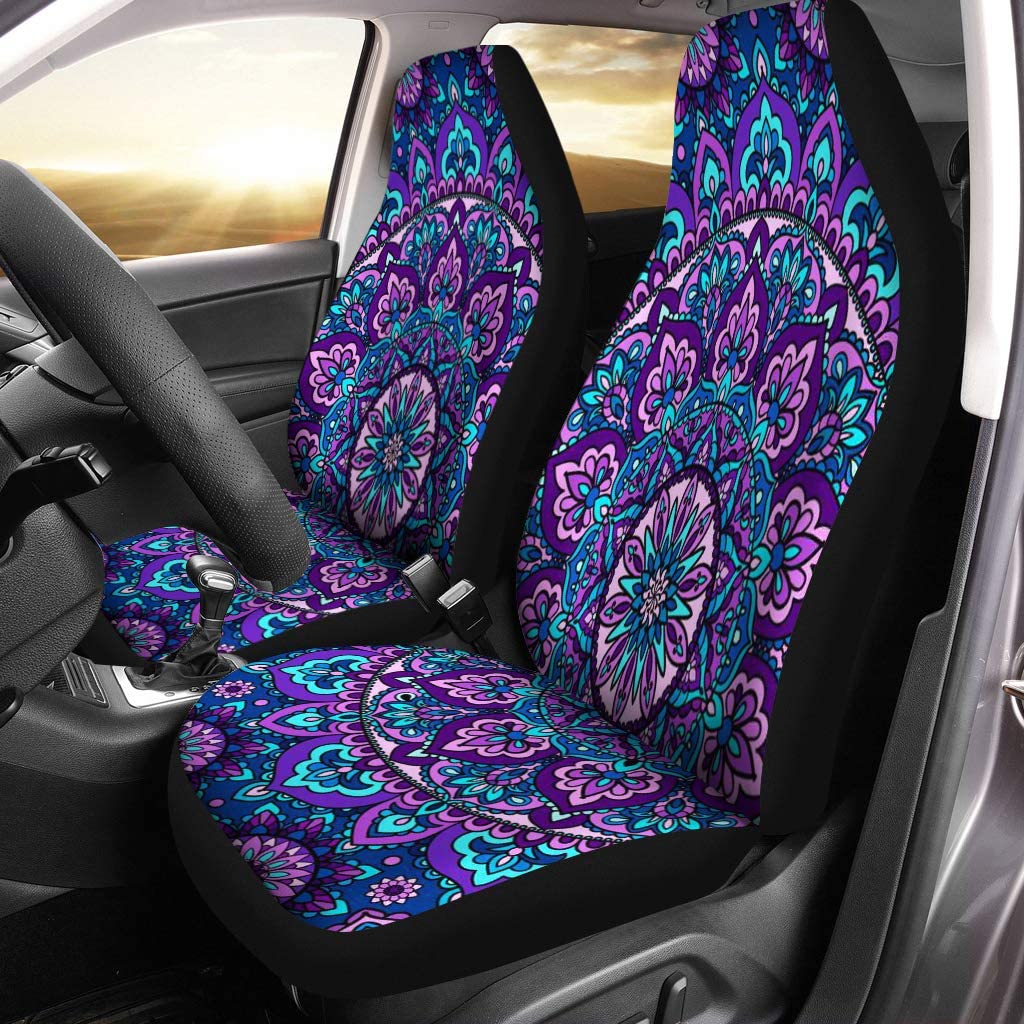 FMSHPON Set of 2 Car Seat Covers Colorful Abstract of Mandala Purple Pink Carpet Circle Universal Auto Front Seats Protector Fits for Car，SUV Sedan，Truck