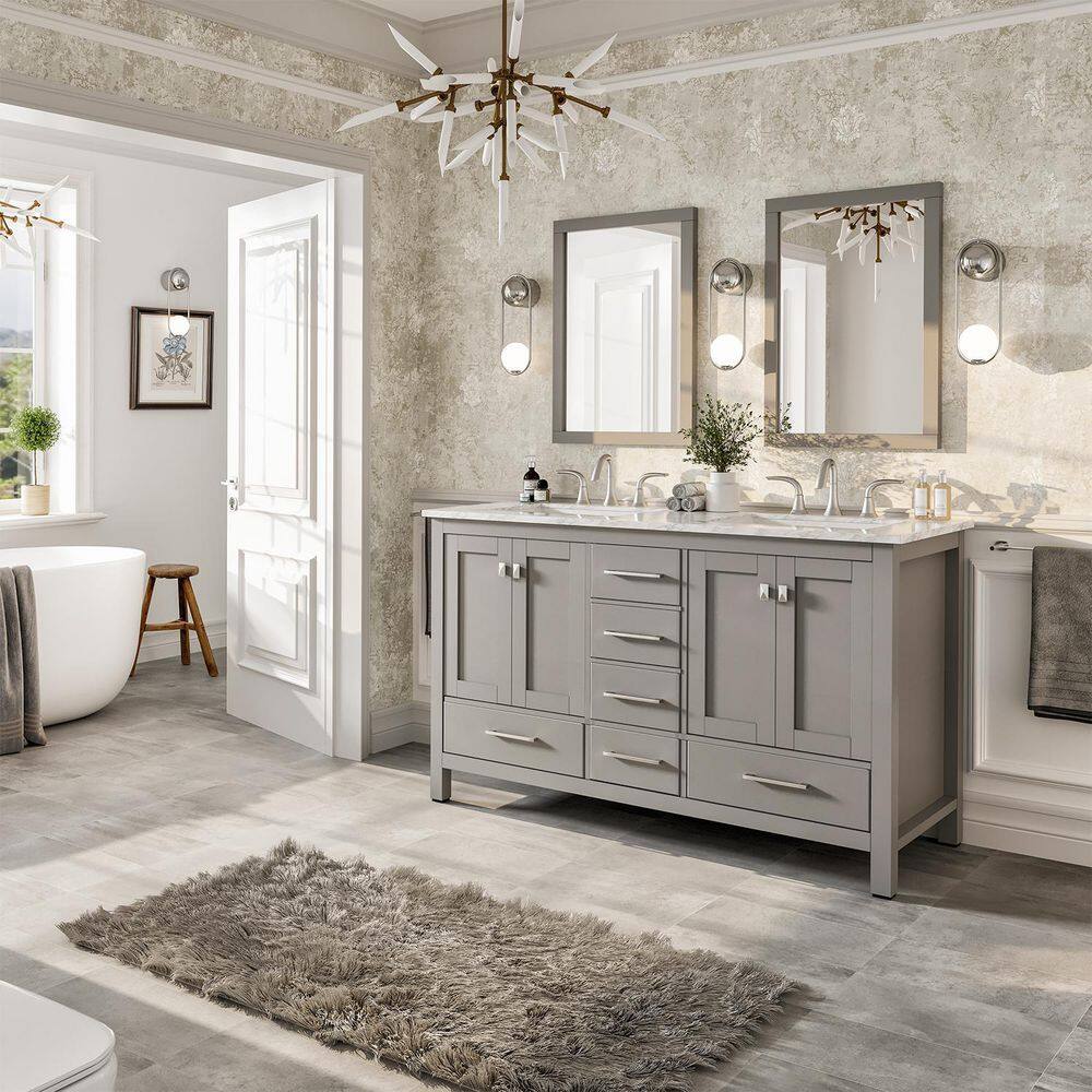 Eviva Aberdeen 60 in. W x 22 in. D x 35 in. H Double Bath Vanity in Gray with White Carrara Marble Top with White Sinks EVVN412-60GR