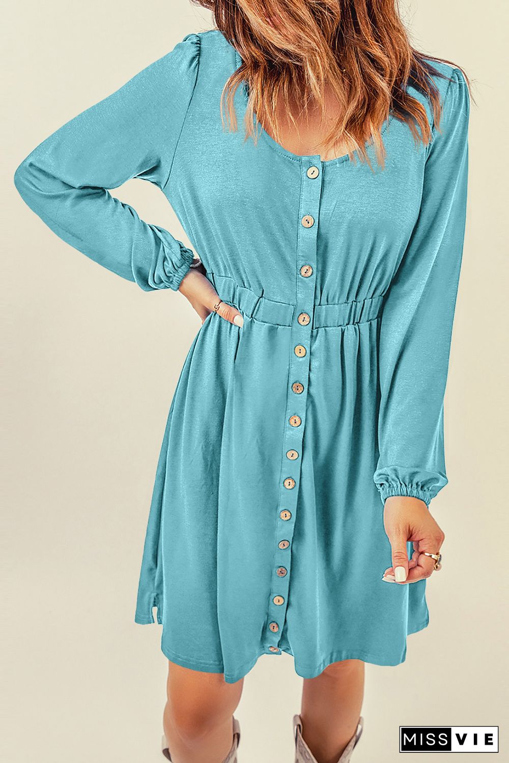 Sky Blue Button Up High Waist Long Sleeve Dress