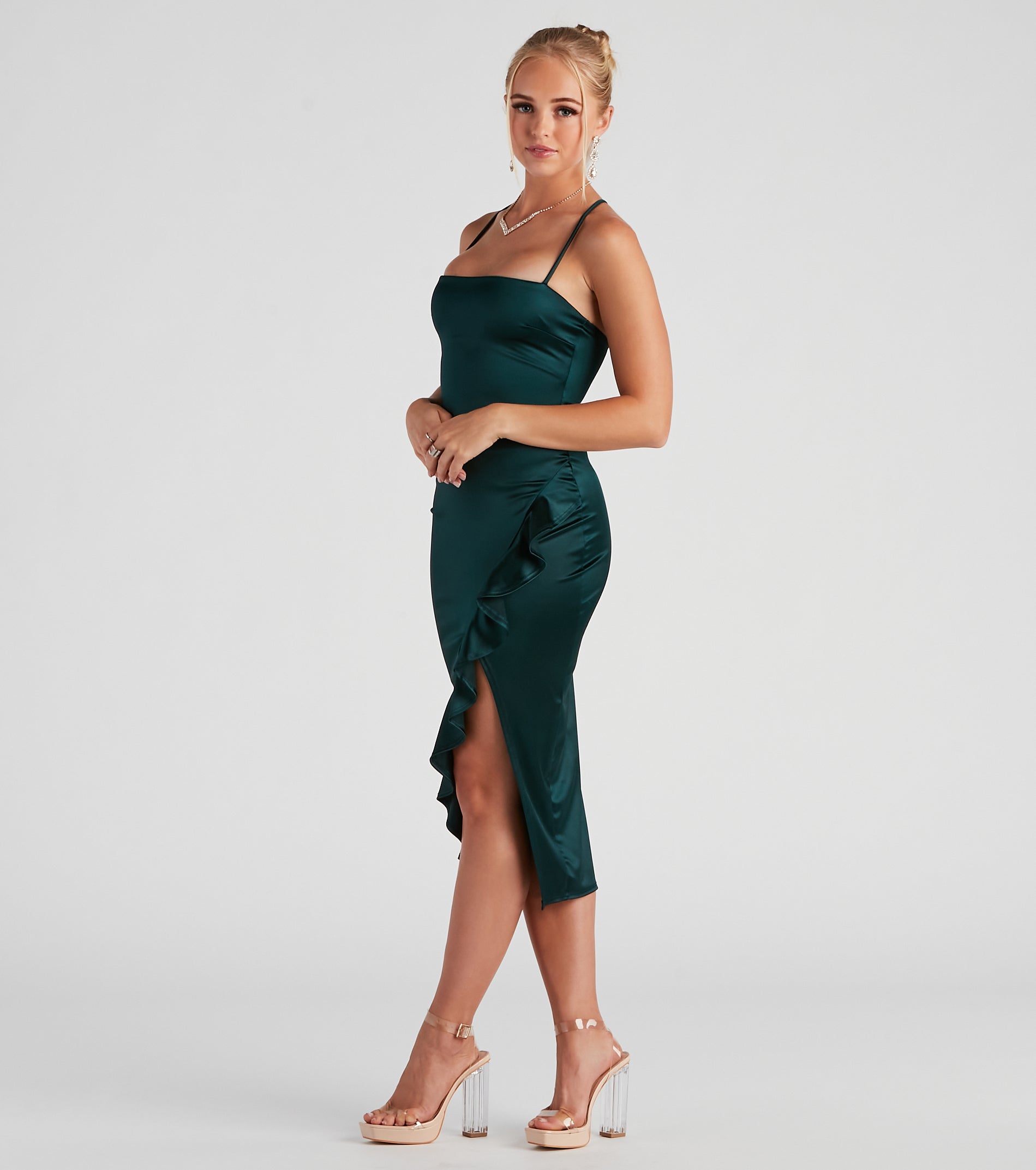 Dinner Party Satin Ruffle Midi Dress