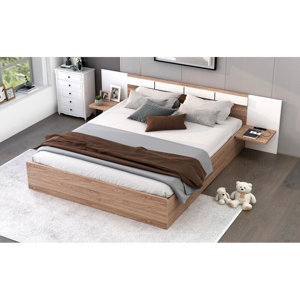 Queen Platform Bed with 2 Drawers  USB Ports   Sockets  Wooden Bed Frame with Extended Headboard   Storage Shelves for Bedroom