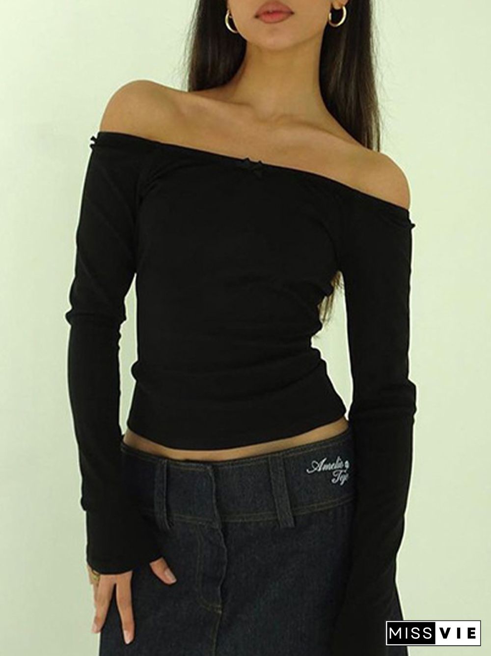 Solid Off Shoulder Slim Long Sleeve Tee