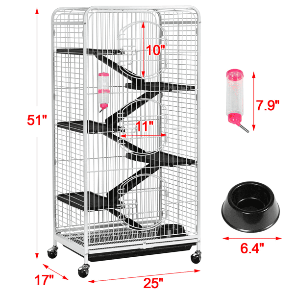 6 Levels Rolling Large Ferret Cage with 3 Front Doors and Pet Bowl and Water Bottle White for Small Animals