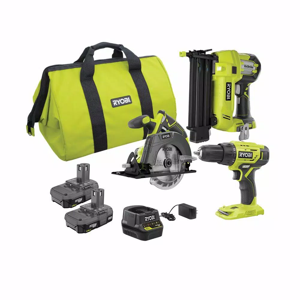 RYOBI 18-Volt ONE+ Lithium-Ion Cordless 2-Tool Combo Kit with Drill/Driver， Circular Saw， AirStrike 18-Gauge Brad Nailer and#8211; XDC Depot