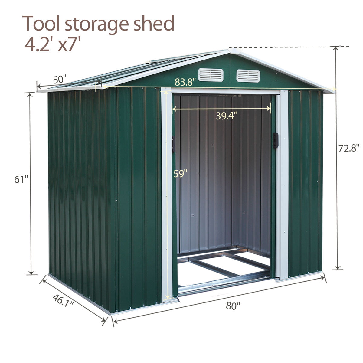 Jaxpety 7' x 4' Large Outdoor Steel Storage Shed with 4 Vents,Double Sliding Door, Stable Base, Green