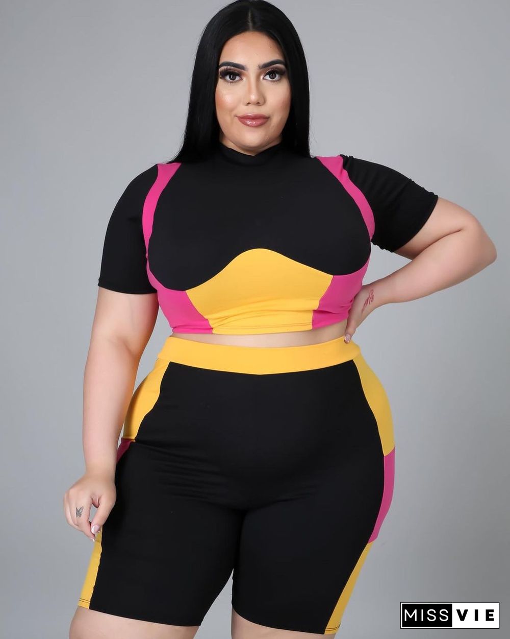 Women Plus Size Set Patchwork Short Sleeve Crop Tops Stretchy Shorts Tracksuit Summer Two Piece Outfits